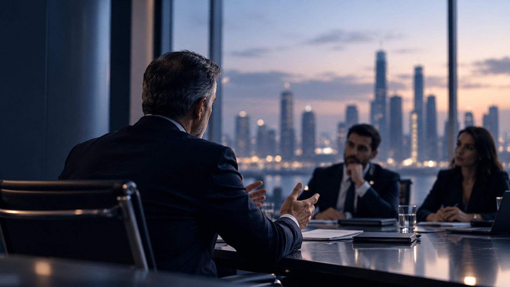 A senior advisor in discussion with two executives, a city skyline at dusk behind them
