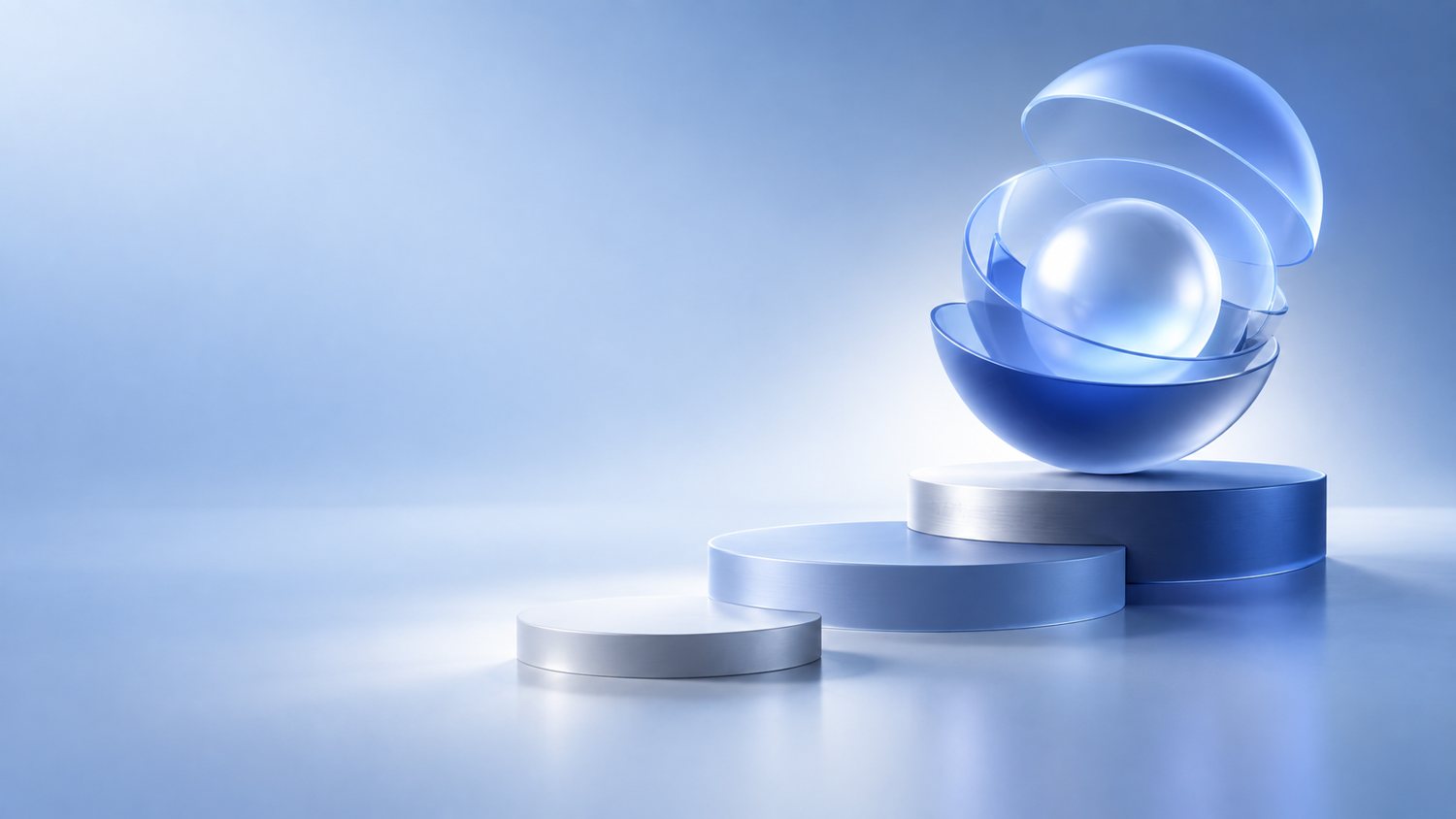 A glass sphere inside opening shells, resting on three rising steps