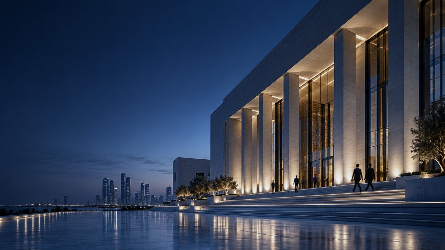 A modern institutional building at blue hour